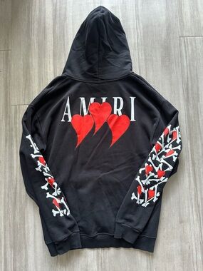 AMIRI Black Hoodie with Red & White Heart Sleeve Graphics (LARGE)